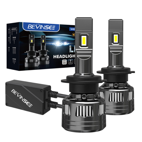 Conjunto 2 pcs de lâmpadas LED automóvel BEVINSEE V45 H7 22 000 lm 120 W 12 V Chips CSP 3570 e arrefecimento VC Luz branca 6000 K Para faróis de automóveis 1