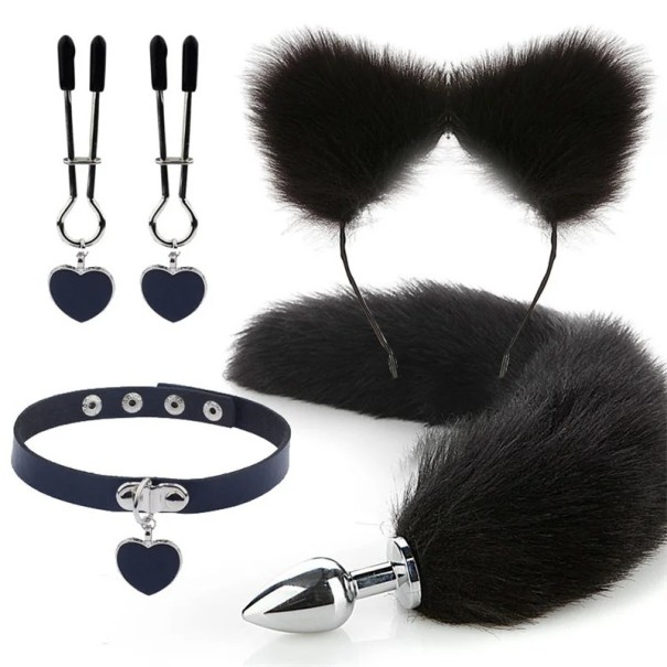 Conjunto 4 en 1: diadema con orejas, collar de corazón, pinzas para pezones, tapón anal metálico con cola, embalaje discreto negro