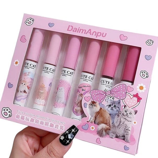 Conjunto 6x 2g brilho labial Hidratante Lip Gloss com estampado de gato Brilhos labiais Mini embalagem Cosméticos Conjunto de presente para mulheres 1