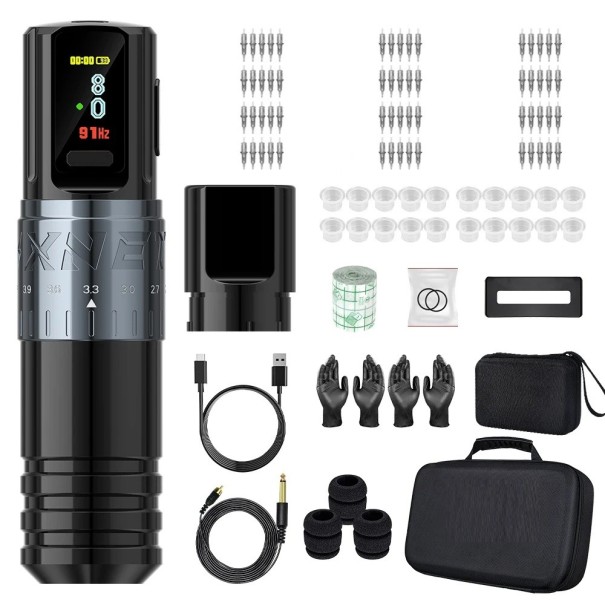 Conjunto com máquina de tatuagem sem fios 14,5 x 3,6 cm Altura ajustável 2,4-4,2 mm Ecrã OLED 2400 mAh 10V 9000 rpm RCA e sem fios cinzento