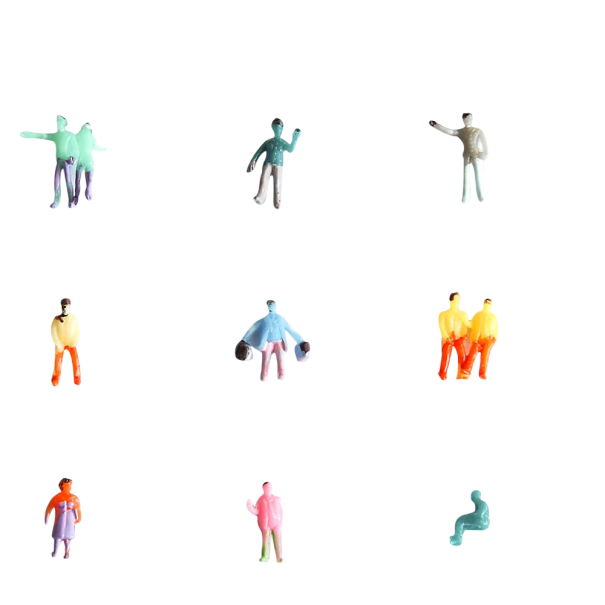 Conjunto de 100 figuras plásticas 1:200 Altura 6–9 mm Figuras mini pintadas Homens e mulheres Várias poses para diorama 1