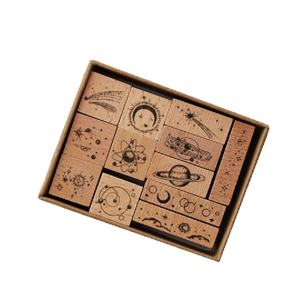 Conjunto de 12 carimbos de madeira com impressão em borracha 70 x 90 x 30 mm Carimbos criativos com motivos de corpos celestes para criação e decoração 1