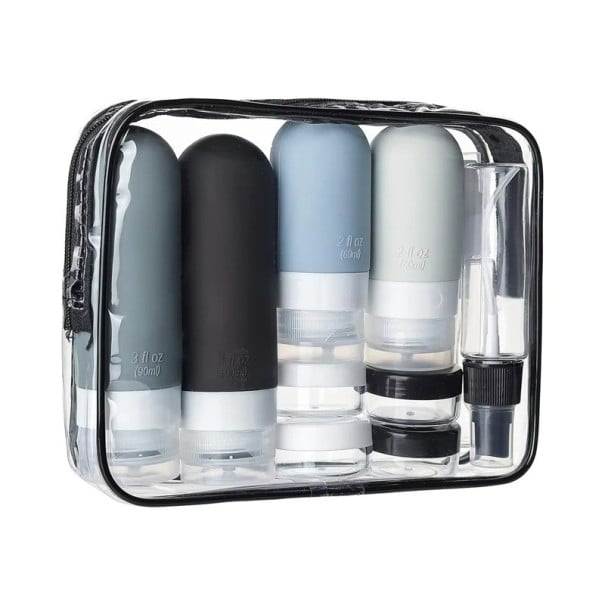 Conjunto de 16 frascos de viagem em silicone Recipientes à prova de fugas para produtos de higiene pessoal aprovados pela TSA Frascos preto