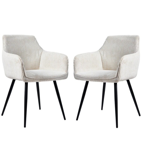 Conjunto de 2 cadeiras de jantar com apoios de braços Altura 84 cm e largura 60 cm Tecido de veludo cotelê e metal lacado Creme com pernas pretas 1