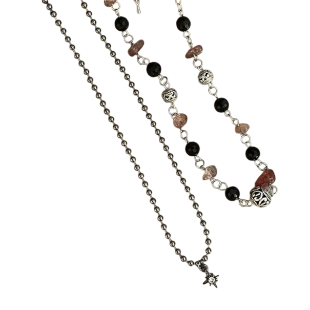 Conjunto de 2 chokers femininos 36 cm com contas e 42 cm com pendente de estrela, estilo vintage 1