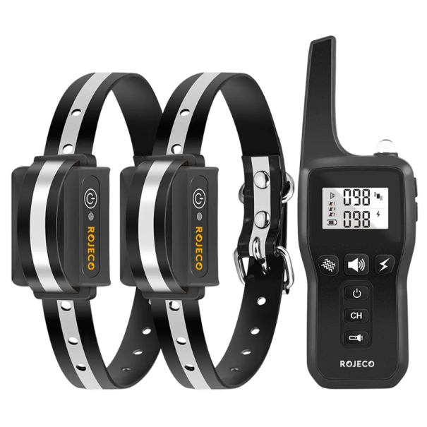 Conjunto de 2 ks Colares de treino eléctricos para cães com controlo remoto 1000 m Colares recarregáveis com som vibrações choque À prova de água Treino de cães preto