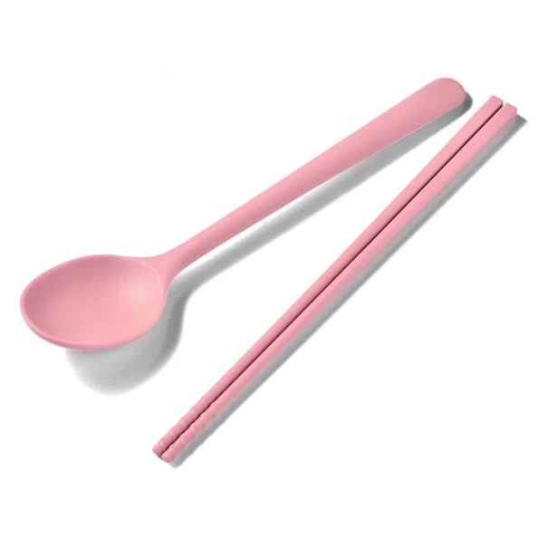 Conjunto de 2 pcs de talheres de silicone colher e pauzinhos Talheres de cozinha macios para refeições diárias, viagens e lar rosa