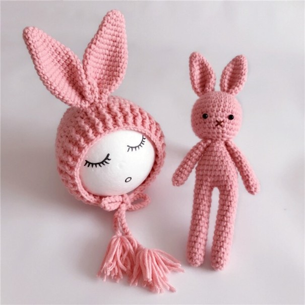 Conjunto de 2 piezas de gorro y conejo de punto para niños rosa