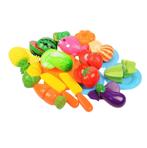 Conjunto de 20 brinquedos de cozinha para crianças com frutas, legumes, peixe, 2 facas, tábua dupla face e 3 pratos, plástico 1
