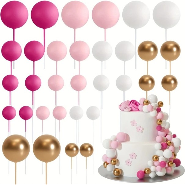 Conjunto de 20 unidades de decorações para bolos Mistura de cores Bolas redondas Decoração de aniversário para bolos Adornos em espuma rosa