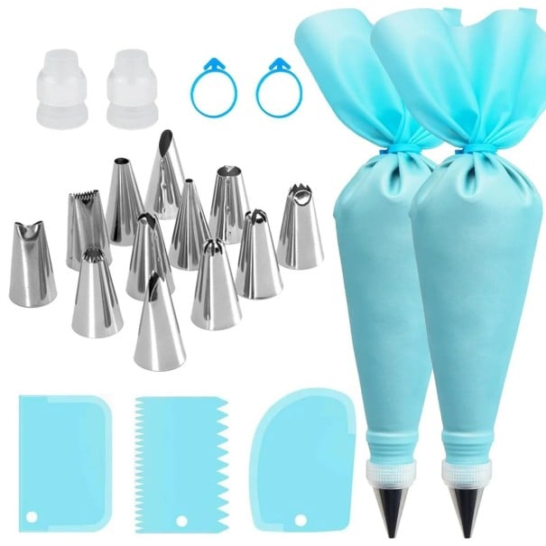 Conjunto de 21 peças de ferramentas de decoração de pastelaria com sacos e bicos em aço inoxidável Equipamento completo para decoração azul