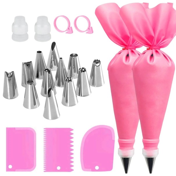 Conjunto de 21 peças de ferramentas de decoração de pastelaria com sacos e bicos em aço inoxidável Equipamento completo para decoração de sobremesas rosa