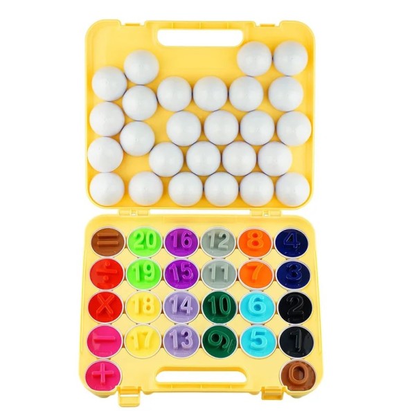 Conjunto de 26 ovos educativos 4,5 x 5 cm em caixa Números 0–20 e sinais matemáticos Jogo sensorial de classificação para crianças Desenvolvimento 1