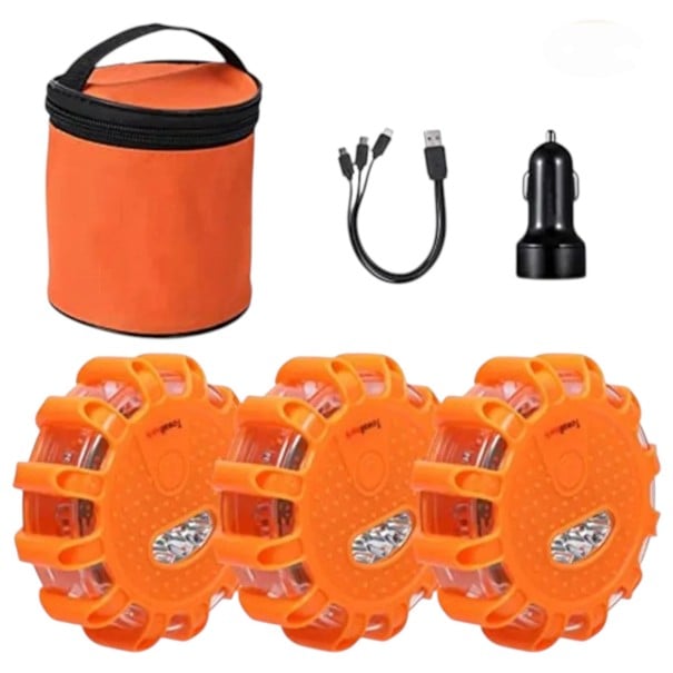 Conjunto de 3 luzes LED de emergência portáteis recarregáveis por USB Disco de alerta magnético 10 cm 650 mAh Laranja com bolsa e carregador de carro 1