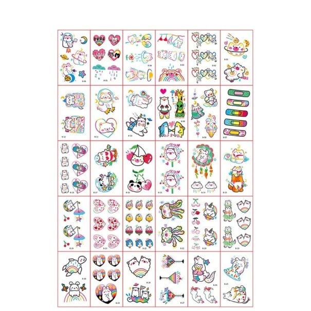 Conjunto de 30 unidades de tatuagens temporárias 5,7 x 9,7 cm com motivos infantis coloridos de animais, frutas e personagens de contos de fadas 1