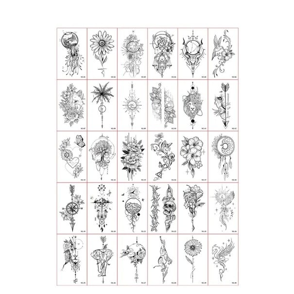 Conjunto de 30 unidades de tatuagens temporárias 5,7 x 9,7 cm em preto e branco com ornamentos, flores, animais, apanhadores de sonhos, motivos 1