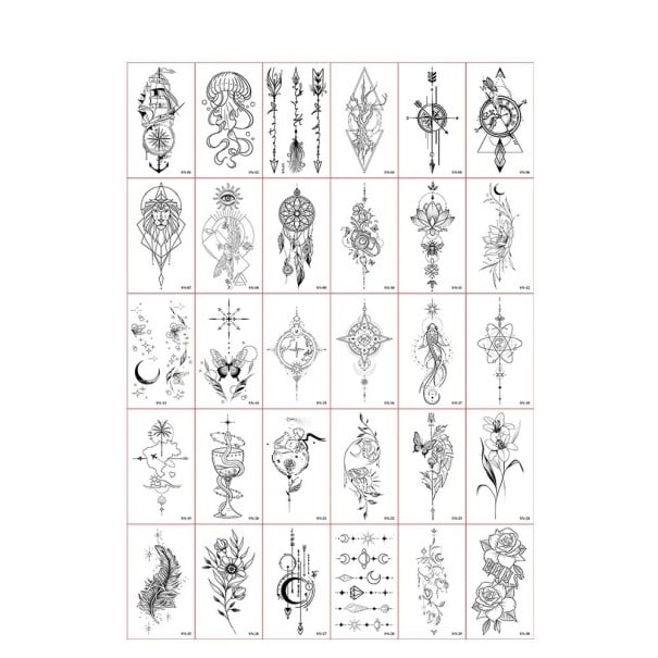 Conjunto de 30 unidades de tatuagens temporárias 5,7 x 9,7 cm motivos em preto e branco padrões geométricos mandalas apanhadores de sonhos flores 1