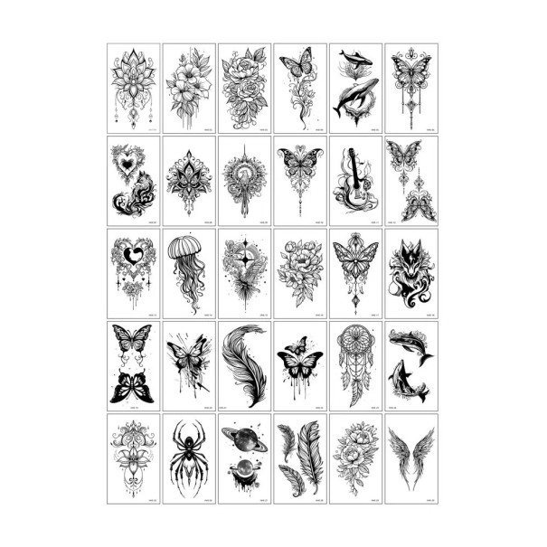 Conjunto de 30 unidades de tatuagens temporárias 5,7 x 9,7 cm motivos pretos de flores, borboletas, animais, mandalas e padrões ornamentais 1