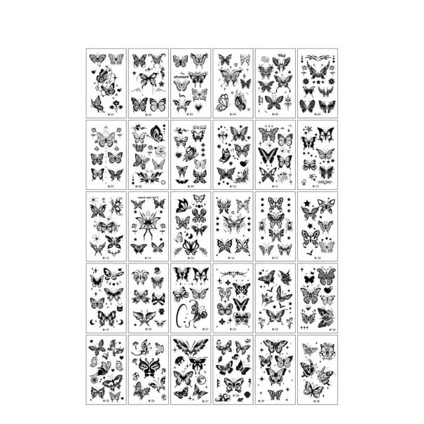 Conjunto de 30 unidades de tatuajes temporales 5,7 x 9,7 cm motivos en blanco y negro de mariposas y flores para adornar el cuerpo en diversas 1