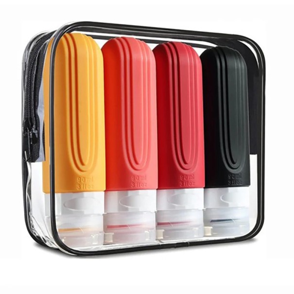 Conjunto de 4 frascos de viagem em silicone de 90 ml em várias cores com estojo com fecho Zipper vermelho