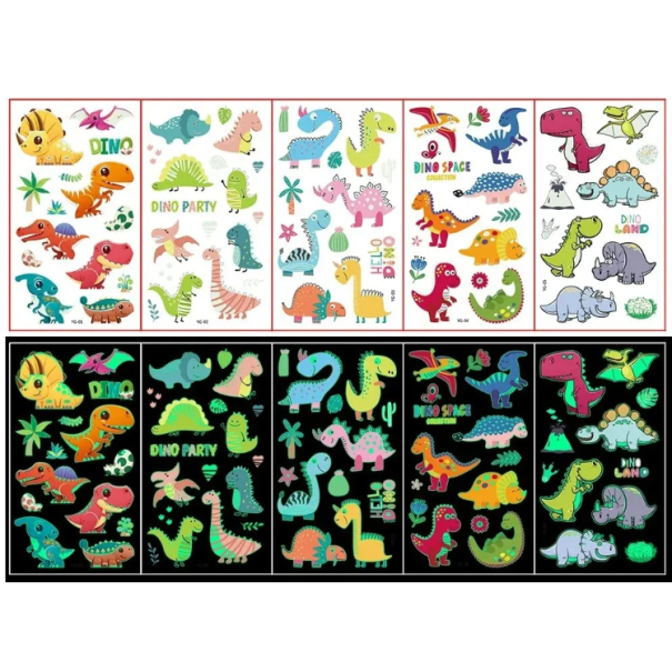 Conjunto de 5 folhas de tatuagens temporárias luminosas de dinossauro autocolantes coloridos para o corpo para crianças com efeito diurno e noturno 1