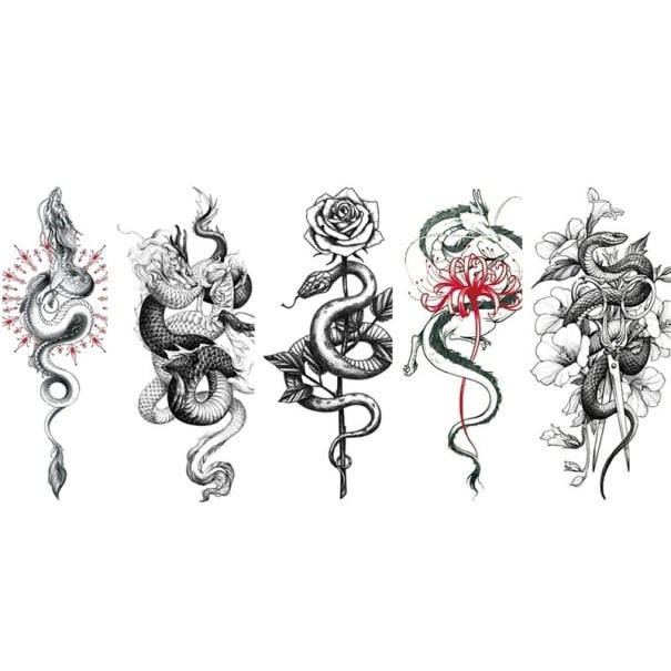 Conjunto de 5 tatuagens temporárias de cobra e dragão chinês 21 x 11,4 cm Tatuagens adesivas à prova de água Adesivos de tatuagem Para homens 1