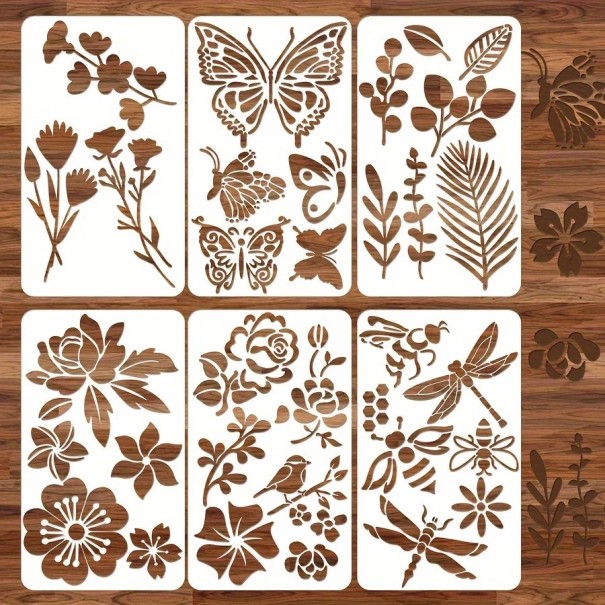 Conjunto de 6 pcs de estênceis plásticos de borboletas e plantas 14x8 cm estênceis reutilizáveis para pintura de decoração de paredes e móveis DIY 1