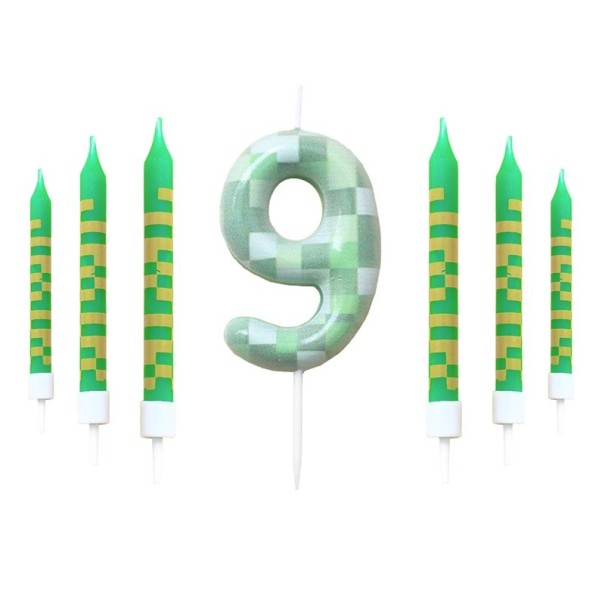 Conjunto de 7 velas de aniversário verdes Tema Pixel Decorações de Bolo Videogame Velas com números 0–9 Festa de Aniversário 9,5x0,8cm 9