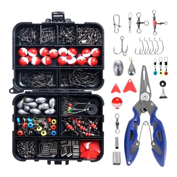 Conjunto de acessórios de pesca 263 pcs com caixa e alicates Ganchos pesos giradores mosquetões e boias ABS e aço inoxidável Para pesca 1