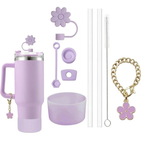 Conjunto de acessórios de silicone para copo Stanley Cup 9 pcs Canudos Tampas Capa para canudo Sapatinho Escova Corrente com pendente roxo