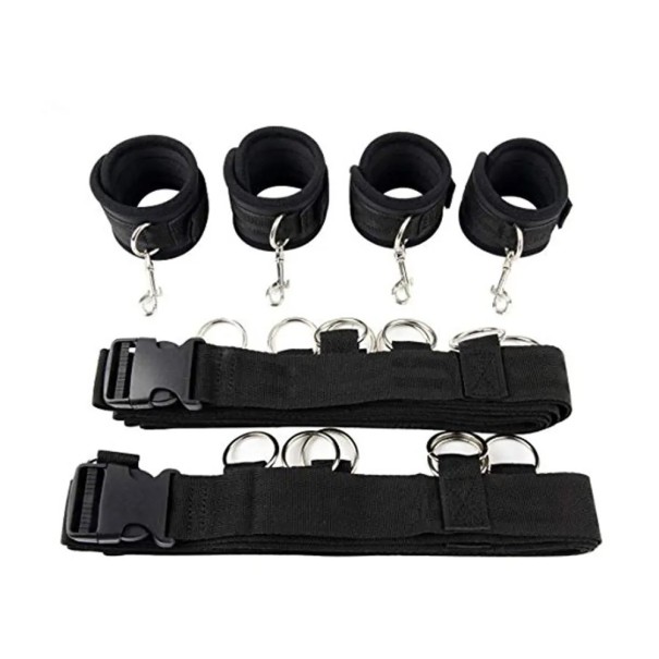 Conjunto de algemas e correias para jogos BDSM, amarração à cama, tamanho ajustável, embalagem discreta para conforto e privacidade preto