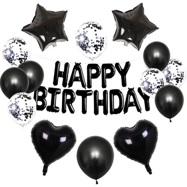 Conjunto de Balões HAPPY BIRTHDAY 15 pcs balões pretos e brancos com confetti balões decorativos de folha e látex decoração de aniversário festa 1