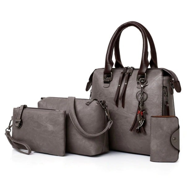 Conjunto de bolsos para mujer 4 pcs Bolso de mano 25 x 23 x 12 cm Bolso pequeño de hombro Clutch y estuche para tarjetas de cuero gris oscuro