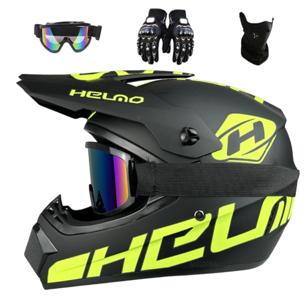 Conjunto de capacete off-road com viseira preta e estampagem amarela Óculos de proteção luvas e lenço para a parte inferior do rosto M (55-56 cm)