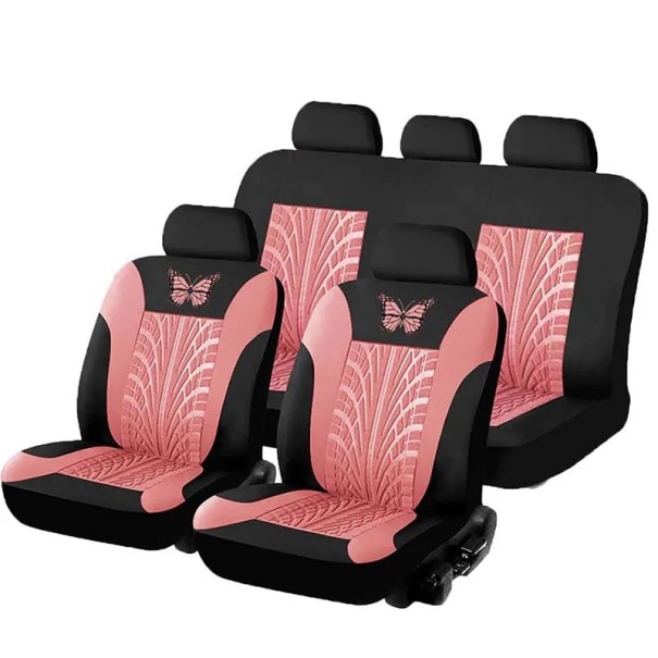 Conjunto de capas de assento para 5 lugares Design de pneu com borboleta Capas protetoras para bancos de automóvel Poliéster Padrão estiloso Fácil manutenção Corte universal rosa