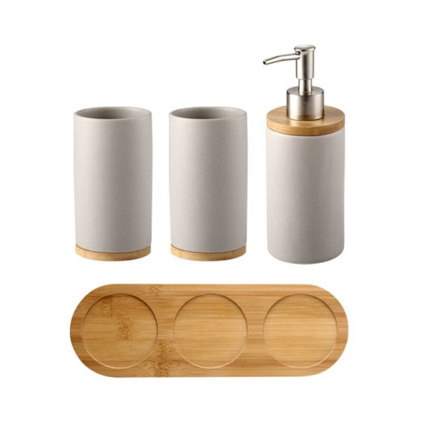 Conjunto de casa de banho em cerâmica e madeira 4 pcs Dispensador de sabonete líquido com bomba Dois copos para escovas de dentes e base cinzento