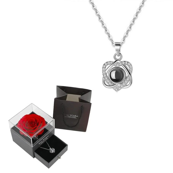 Conjunto de colar projetor corações interligados Amo-te em 100 línguas corrente de titânio pendente de cobre caixa de presente com rosa prateado