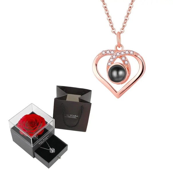 Conjunto de colar projetor em forma de coração Eu amo-te em 100 línguas Cadeia de titânio Pendente de cobre Caixa com rosa Presente Rose gold