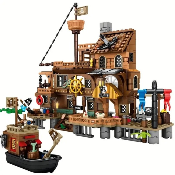 Conjunto de Construção para Crianças Fortaleza Pirata 39 x 11 x 55 cm 675 pcs Porto Pirata com Barco Conjunto de Construção Aventura Idade 6+ 1