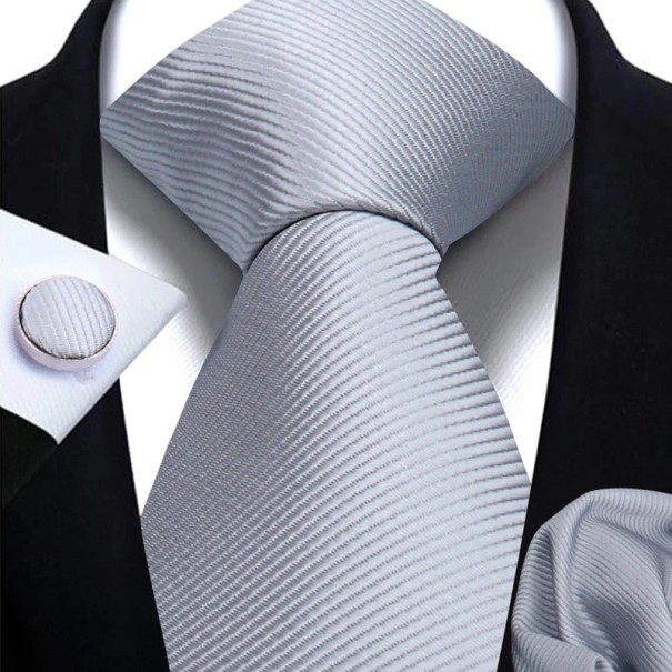 Conjunto de corbata, pañuelo y gemelos lisos 148 x 7,5 cm Elegante conjunto masculino para bodas, eventos formales y reuniones de empresa. gris
