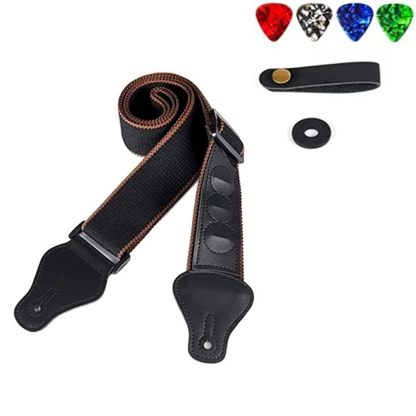 Conjunto de correias para guitarra 7 pcs em pele PU e algodão Correia preta com palhetas e acessórios para guitarra acústica, ukulele e baixo 1