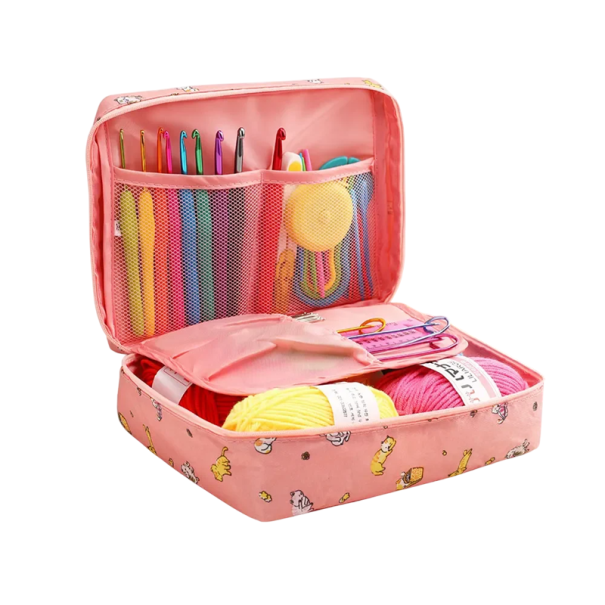 Conjunto de croché com lã em cores aleatórias Ganchos com pega macia Ganchos prateados Agulhas Tesoura Fita Estojo para ganchos 1