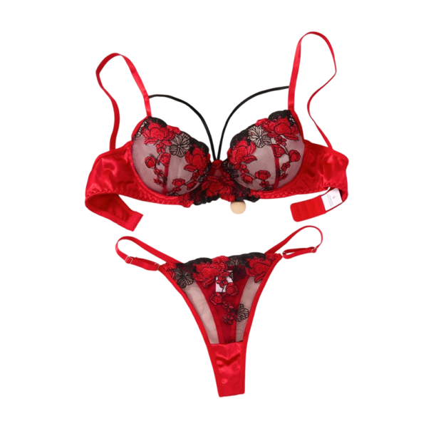 Conjunto de encaje para mujer con sujetador y bragas con bordado floral elastano poliéster rojo para uso diario lencería M