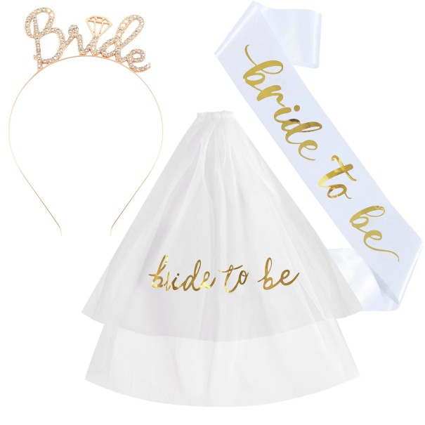 Conjunto de Festa BRIDE TO BE Tiara Bride Véu com Inscrição e Faixa Acessório Divertido para Despedida de Solteira dourado