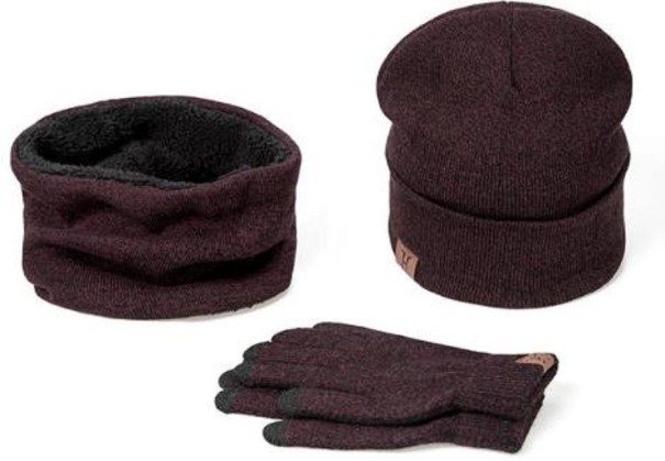 Conjunto de gorro, cachecol e luvas castanho