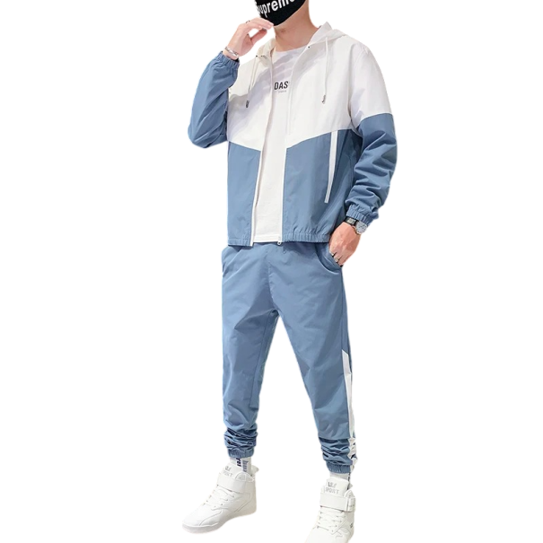 Conjunto de hombre con pantalones de chándal con cordón, chaqueta con capucha con cremallera y bolsillos, poliéster azul XXS