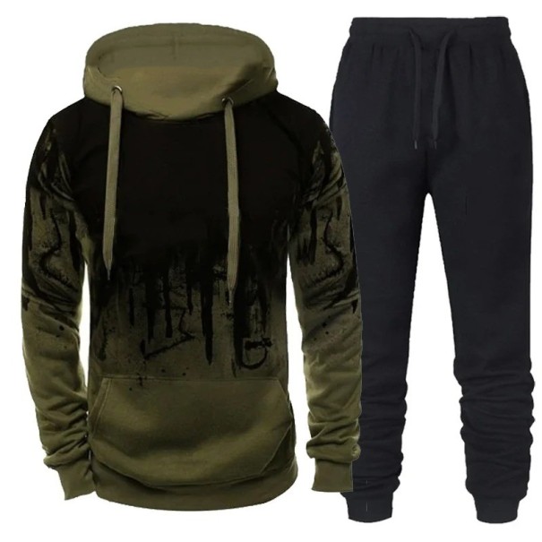 Conjunto de hombre con pantalones de chándal, sudadera con capucha, estampado sencillo, poliéster verde M
