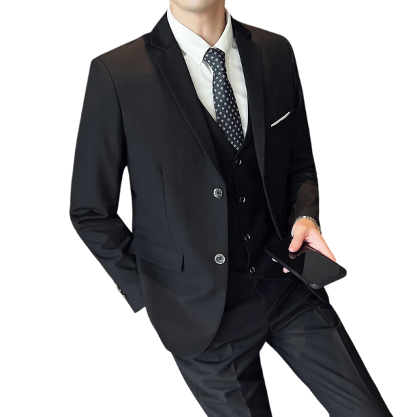 Conjunto de hombre de poliéster Conjunto elegante de chaqueta, chaleco y pantalones para hombres Traje formal de un solo color con bolsillos y bolsillo en el pecho Conjunto estiloso con botones negro XL