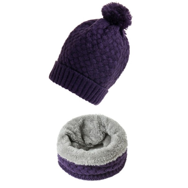 Conjunto de inverno feminino de gorro e cachecol roxo escuro