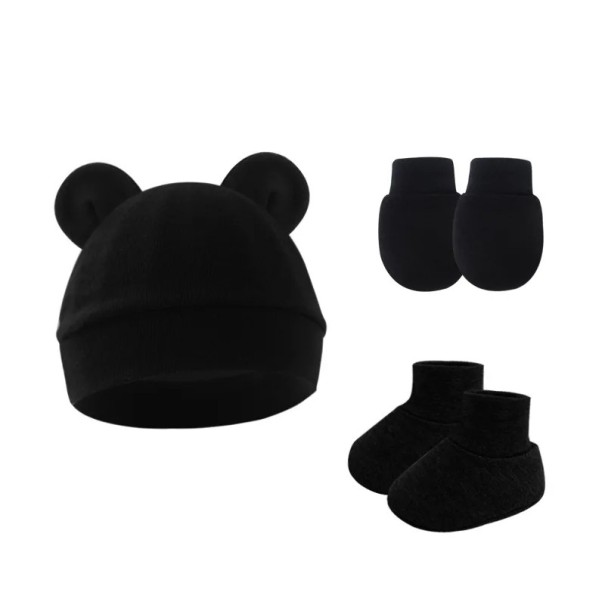 Conjunto de invierno para bebés 0–1 año Gorro con orejitas, manoplas y botines de calcetín Poliéster algodón Conjunto de invierno cálido para bebés negro